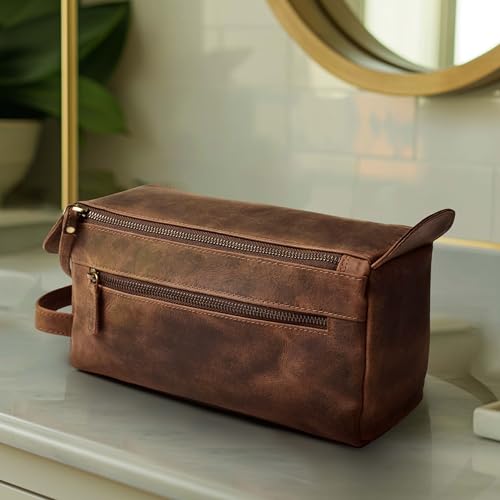 Leather & Latch Distressed Brown Full Grain Leather Toiletry Bag for Men & Women – Water-Resistant Travel Organizer with YKK Zipper