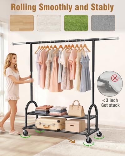 EAGMAK Black Heavy Duty Rolling Clothes Rack with 2 Shelves, Adjustable