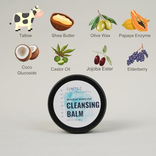 Tallow Cleansing Balm - With Grass-fed Beef Tallow, Papaya Enzyme | Waterproof Makeup Remover Balm | Natural Face Cleanser Oil | Sulphate Free | for sensitive skin, MADE IN USA - 3.17 oz/ 90 g