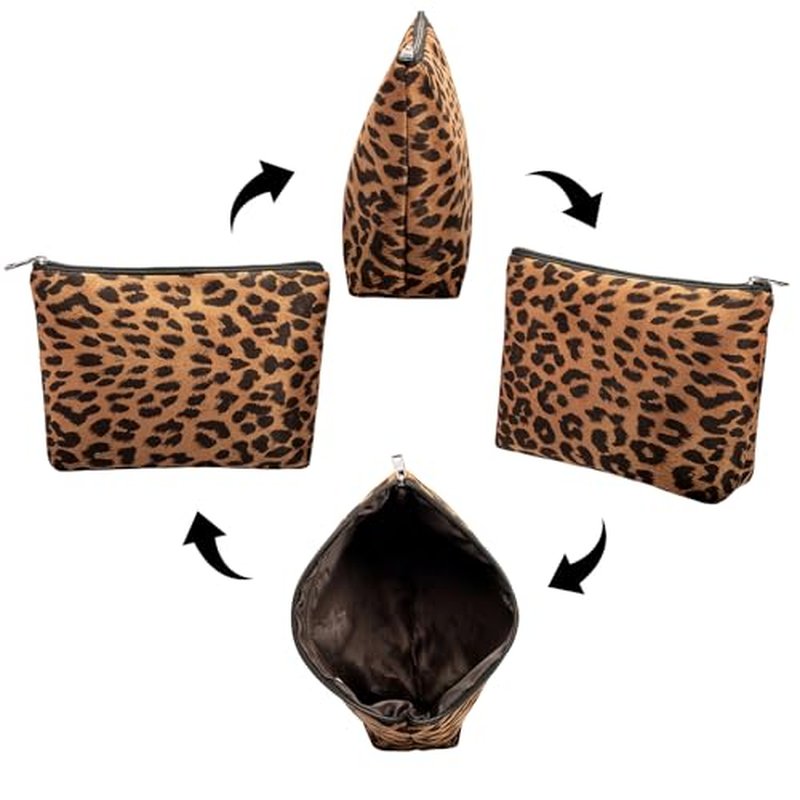 Leopard Print Makeup Bags, 3 Pieces, Large Capacity, Soft, Warm, Travel Toiletry Organizer (Brown)