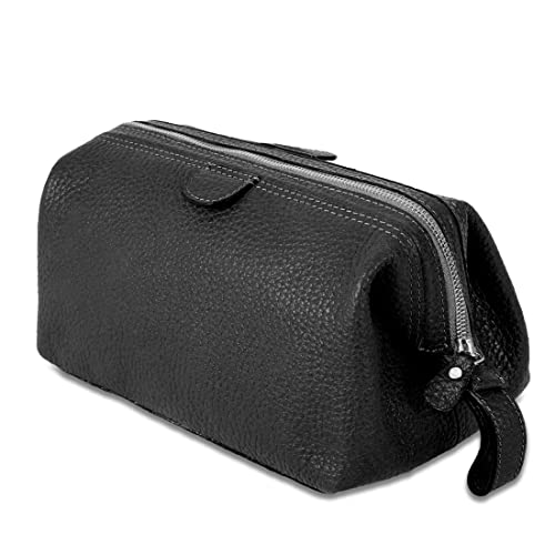 KomalC Buffalo Leather Travel Toiletry Bag - Black, Men's & Women's Organizer