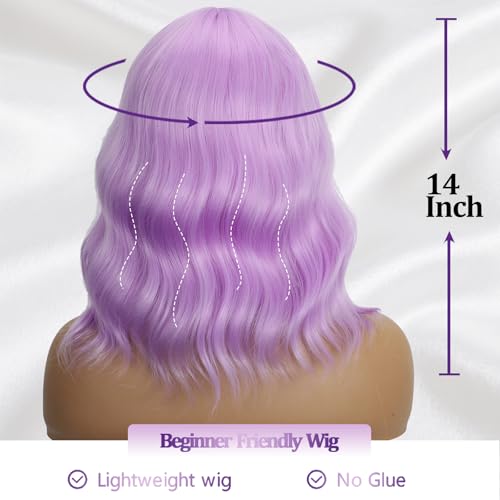 Mxayhnajxl Purple 14 Inch Wavy Bob Wig with Bangs for Women - Cosplay & Daily Use