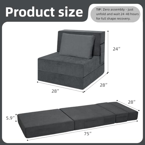 Grey Foldable Floor Sofa Bed with Pillow - Convertible Sleeper Chair for Living Room - Single