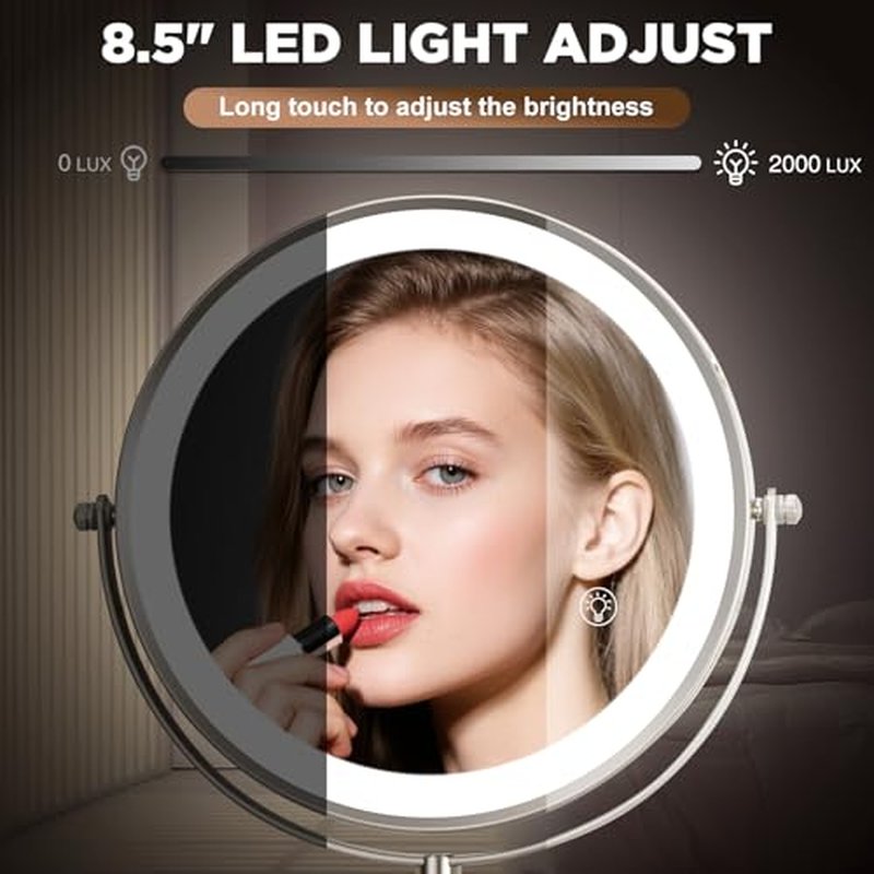 30X Wall Mounted Makeup Mirror with Lights,3 Color Modes Dimmable & Adjustable Double Side, Bathroom Vanity Makeup Mirror with 360 Rotation Extendable Swivel Arm,Magnifying Mirror - Brushed Nickel