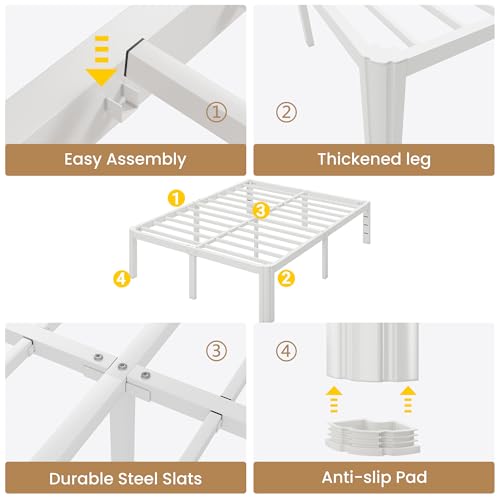 Full Metal Bed Frame with Rounded Legs - White, 14 Inch Height, 12 Inch Storage