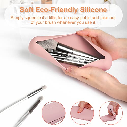 FERYES Travel Makeup Sponge Brush Holder, Soft Silicone Beauty Make Up Brush Blender Case Organizer for Travel- Pink