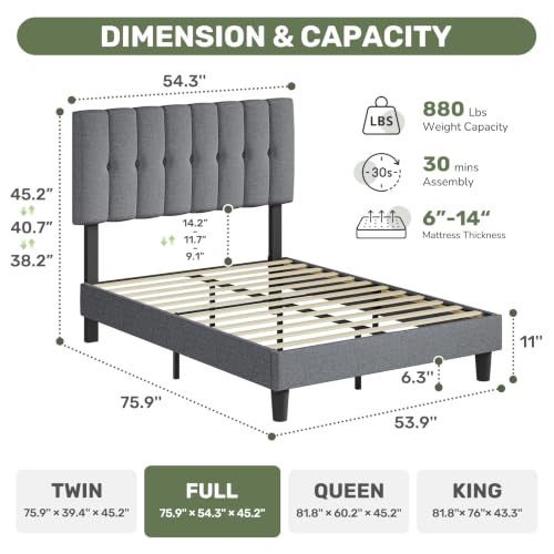 Full Size Bed Frame with Headboard - Grey Platform Bed, Adjustable & Sturdy