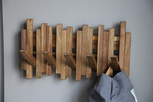 GOGREEBELL Natural Acacia Wood Wall Mounted Coat Rack with 5 Hooks