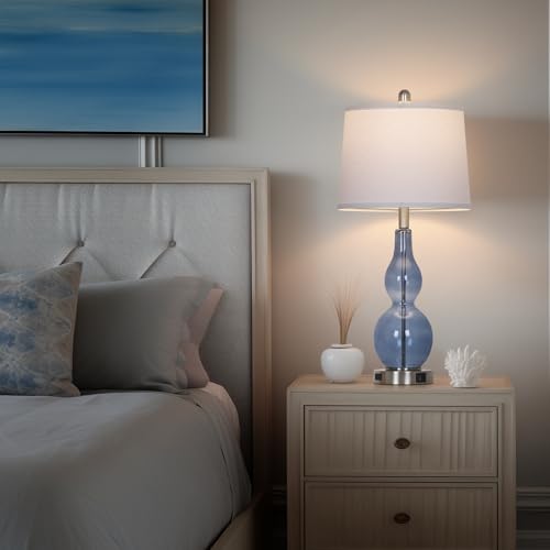 Blue Coastal Glass Double Gourd Table Lamp Set of 2 - Nautical Nightstand Lamps with USB & Outlets, Dimmable Touch Control, 27.5"