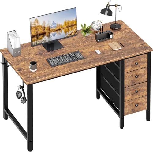 Lufeiya 39.4-Inch Rustic Brown Small Computer Desk with 4 Fabric Drawers, Reversible Kids & Home Office Workspace