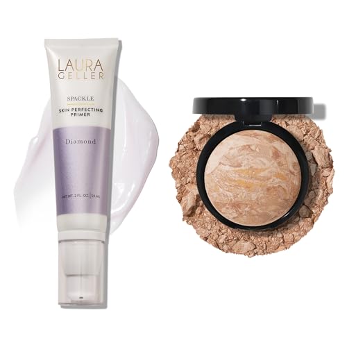 LAURA GELLER NEW YORK Illuminating Duo: Baked Balance-n-Glow Illuminating Foundation, Fair + Spackle Skin-Perfecting Makeup Primer, Diamond