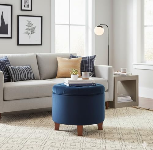 HomePop 19-Inch Velvet Button Tufted Round Storage Ottoman - Navy Blue