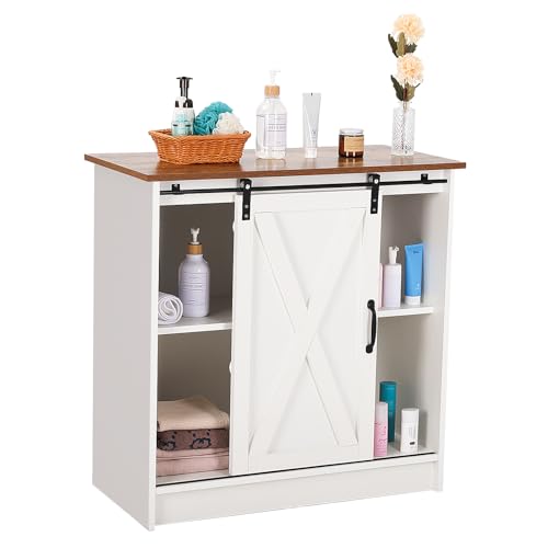 White Farmhouse Coffee Bar Cabinet with Sliding Barn Door Storage