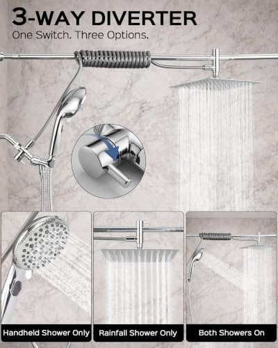 KaiwayInno Chrome Rainfall Shower Head & Handheld Combo with Adjustable Slider, 2-in-1 Dual Shower System