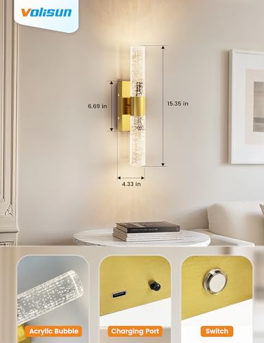 VOLISUN Gold Battery Operated Wall Sconces Set of 2 with Remote, Rechargeable Wireless Wall Lights for Living Room & Bedroom