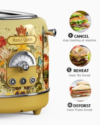 Retro 2-Slice Toaster with Floral Print - 6 Shade Levels & Wide Slots - Hazel Quinn