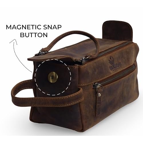 Walton Buffalo Leather Toiletry Bag for Travel, Tan Brown