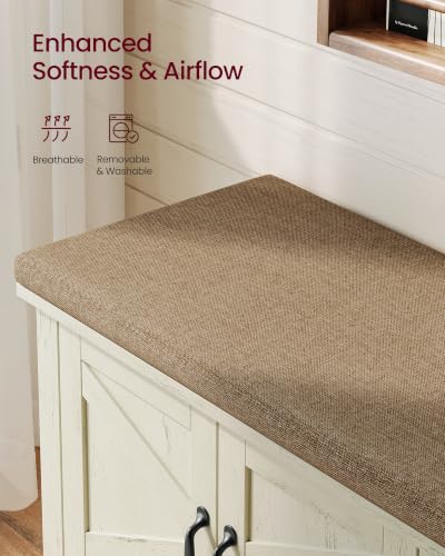 Farmhouse White & Walnut Shoe Bench with Cushion, 47.2-Inch Entryway Storage - Rustic White + Walnut Brown