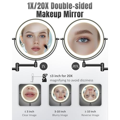 Wall Mounted Makeup Mirror with Light, 20X/1X 8'' Double Sided LED Magnifying Bathroom Lighted Vanity Mirror with Magnification, 3 Color Light up Touch Dimmable Extended Arm 360 Rotation