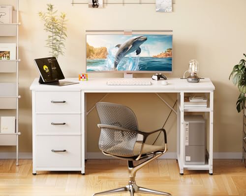 AODK 51 Inch White Computer Desk with Storage Drawers & USB Power Outlets