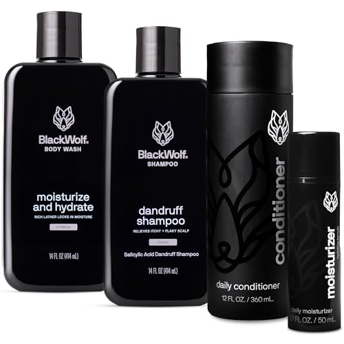 Black Wolf 4-Piece Skincare and Hair Gift Set for Men ? Anti-Dandruff Shampoo, Moisturizing Body Wash, Face Moisturizer, Daily Conditioner - Skin Care Kit for All Dry Types