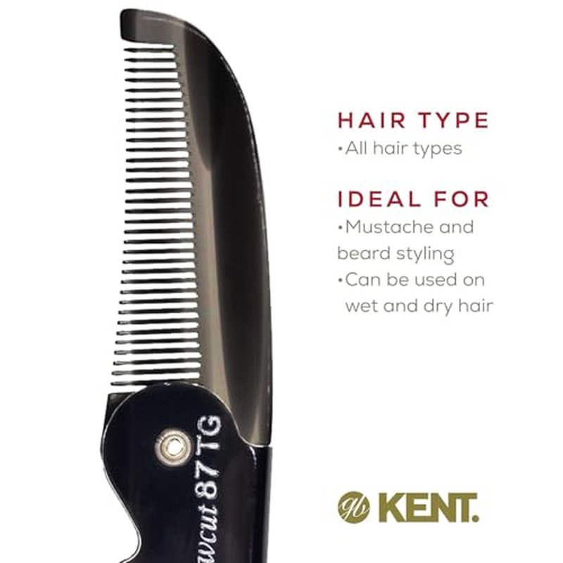 Kent 87T Black Graphite Handmade Folding Pocket Comb for Men, Fine Tooth Hair Comb Straightener for Everyday Grooming Styling Hair, Beard or Mustache, Saw Cut Hand Polished, Made in England (2 Pack)