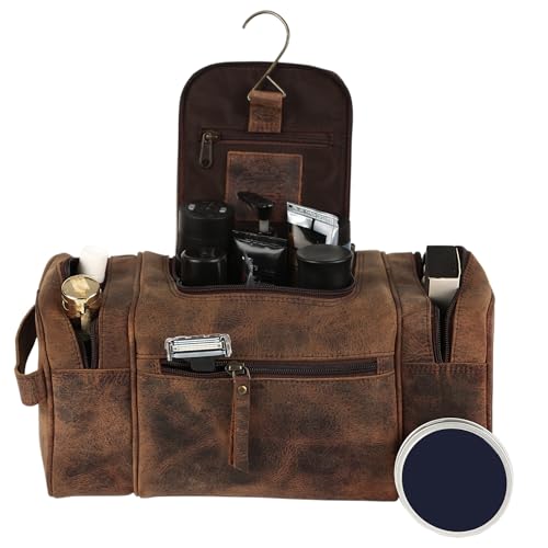 KomalC Extra-Large Leather Toiletry Bag for Men & Women ? Luxury Travel Dopp Kit with Multi-Compartment Storage, Waterproof Lining & Premium YKK Zippers ? Unisex Toiletry & Cosmetic Organizer