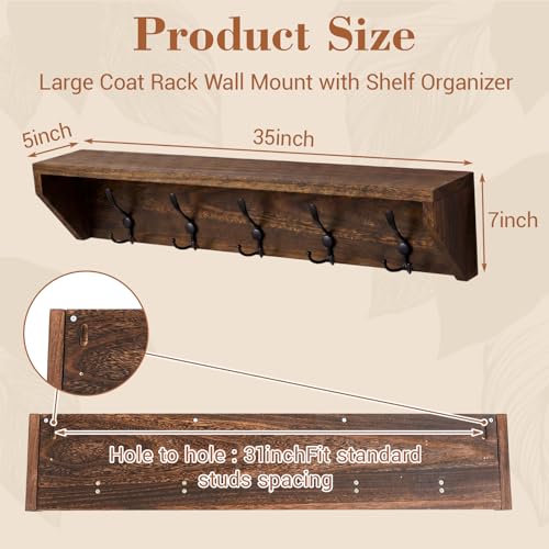 Wall Shelf with Hooks and Organizer - 35 Inch Wooden Coat Rack, Brown, Variation of Wood Color / 35 Inch / 5 Hooks