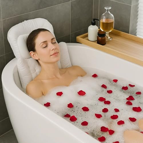 Bath Pillow for Tub 4D Air Mesh Fabric Plush Bathtub Pillow for Neck & Back Support, Hot Tub Pillow with 6 Non-Slip Suction Cups, Spa Pillow for Relaxation and Comfort (Full Body White)