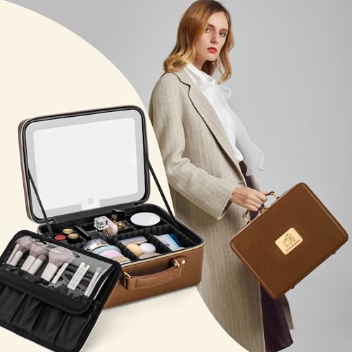 Gdsshuhung Brown Makeup Bag with LED Mirror - 11.5-inch Travel Cosmetic Organizer