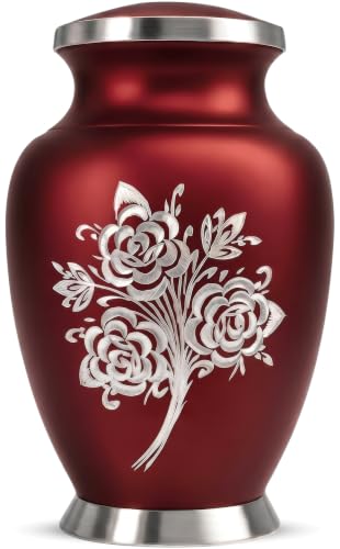 Large Red Cremation Urn for Women - 200 cu in Handcrafted Rose Design - Solace Forever