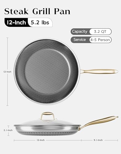 12 Inch Nonstick Frying Pan with Lid - Honeycomb Surface, PFAS-Free, All Cooktops