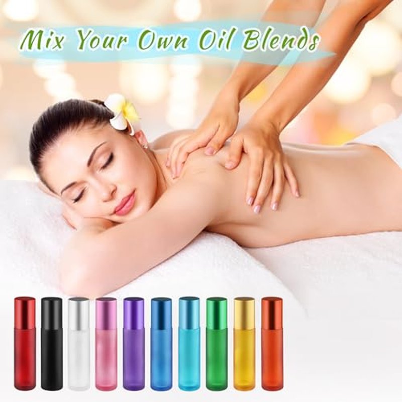 20 Pcs 10ml/0.34oz Frosted Glass Bottle Refillable Roller Bottles with Stainless Steel Roller Balls & Aluminum Screw Caps for Perfume Essential Oil Lip Gloss Travel - Multicolor