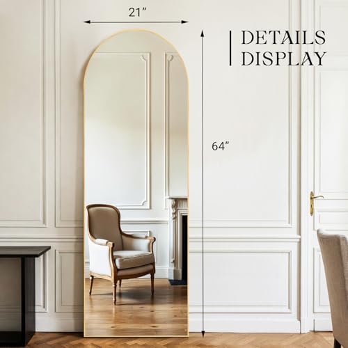 Full Length Arched Floor Mirror with Stand - 64x21 Inches, Gold Frame