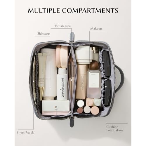 EACHY Leather Makeup Bag, Portable 180¡Æ Wide-Open Flat Cosmetic Bag for Women, Large Capacity Make Up Organizer Makeup Pouch with Divider and Handle