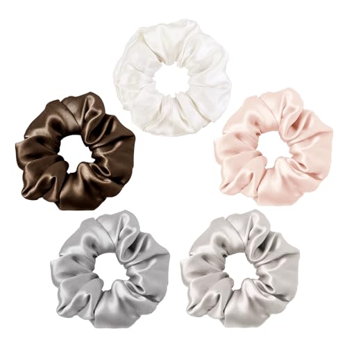 LILYSILK Mulberry Silk Scrunchies 5-Pack Random Color Hair Ties for Frizz & Breakage Prevention