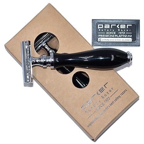 Safety Razor with Ebony Handle & 5 Double-Edge Blades - Classic 3-Piece Design