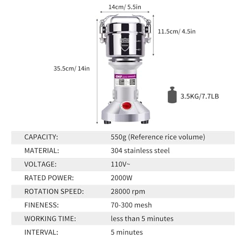 550g Commercial Grain Mill - 304 Stainless Steel Spice & Flour Grinder, 2000W High-Speed Food Processor