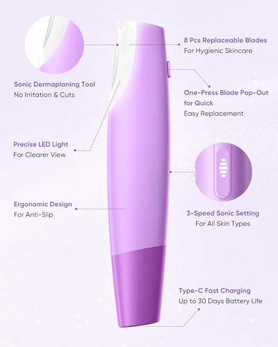 VIKICON PRO Deep Purple Sonic Dermaplaning Tool for Face with 8 Blades