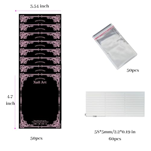 Press On Nail Packaging Kit for Long Nails ? Y2K 50 Display Cards with Bags & Tape ? Nail Tech Supplies for for Gothic & Baddie Nailfies Nail Salon Studio Manicure Business(Black, 3.54*4.7)