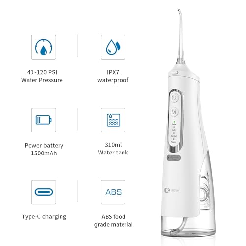 REVA White Cordless Dental Water Flosser - 310ML, 4 Modes, Rechargeable, 4 Tips