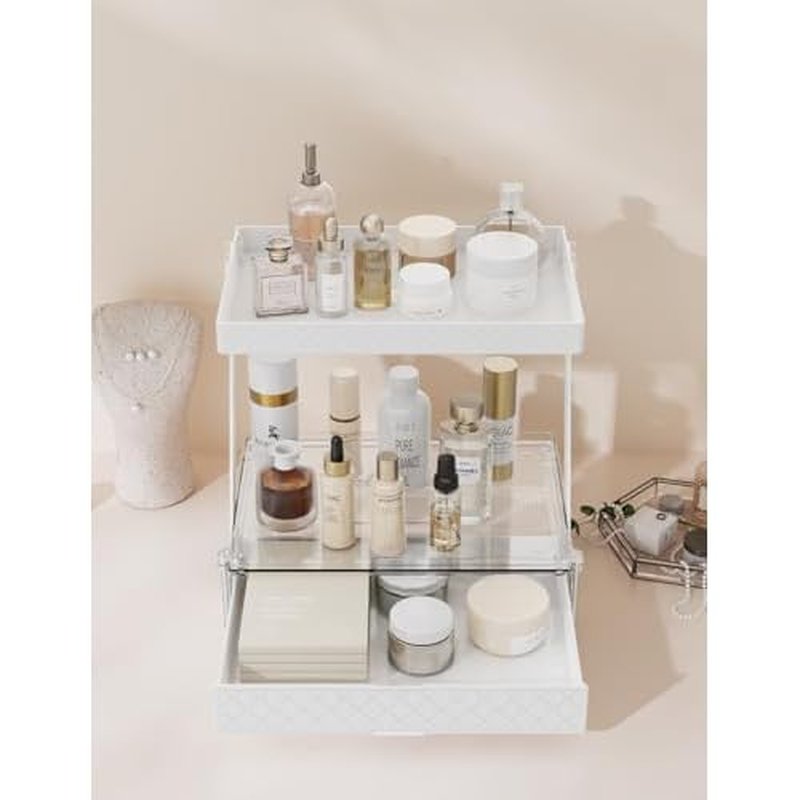 2 Tier Bathroom Countertop Organizer, Z-Shaped Vanity Organizer with Sliding Tray & Drawer, Skincare, Makeup & Perfume Storage Organizer, Acrylic office, Dresse & Desk Organizer