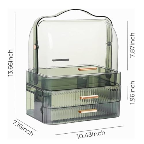 Green Portable Makeup Organizer Box with Drawers & Transparent Lid