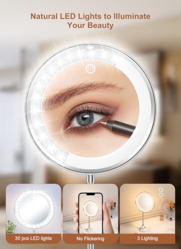 Magnifying Makeup Mirror with Light - 10x Magnification, Adjustable Brightness, Gooseneck, Silver, 7.5 x 7.5 Inches