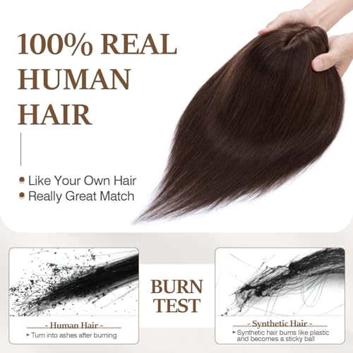 No Bang-#2 Dark Brown 8 Inch Remy Human Hair Topper with Lace Base & Clips