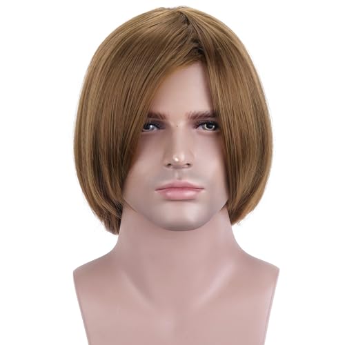 BERON Golden Brown Short Straight Wigs for Men with Side Part, Heat-Resistant Synthetic Hair