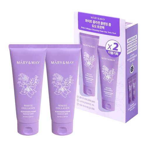 Mary&May White Collagen Cleansing Foam Duo Twin Pack - Deep Cleansing, Hydrating Formula for Firm and Radiant Skin with Niacinamide - Korean Skincare, EWG Green Grade, Hypoallergenic, 10.14 Fl Oz