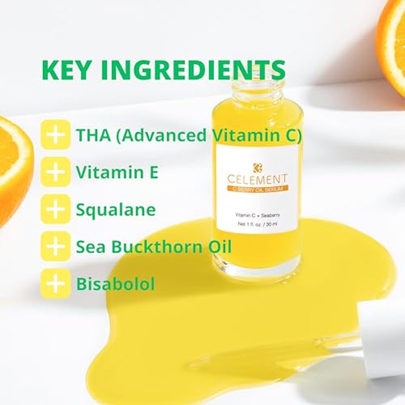 C Berry Oil Serum with Vitamin C, Sea Buckthorn, Rosehip, Jojoba, Squalane - Reduces Hyperpigmentation, Age Spots, Scars, Fine Lines - Nail and Cuticle Treatment - Glowing Skin, 1 fl. oz