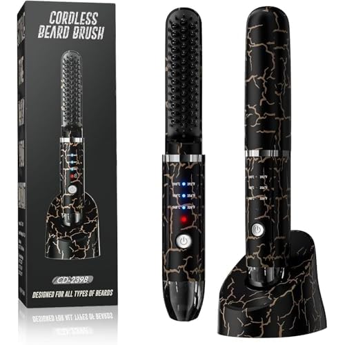 Beard Straightener for Men, Cordless Heated Beard Brush, Portable Beard Hot Combs, Ionic Mini Hair Straightener with 3 Temp Settings, Coarse Curly Hair Brush, Grooming Kit for Men