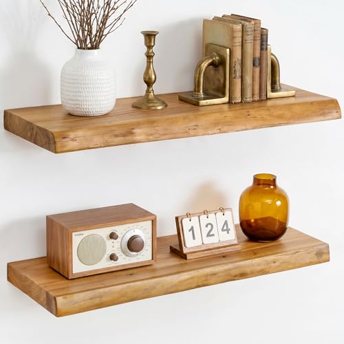 Natural Live Edge Floating Shelves Set of 2 - 24 Inch Rustic Elm Wall Shelves